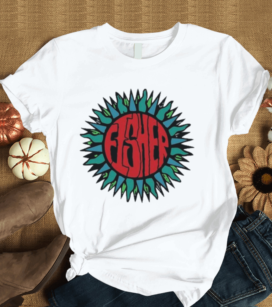 Fisher Sunburst Red Blue Green Logo Soak Up The Sun T-Shirt