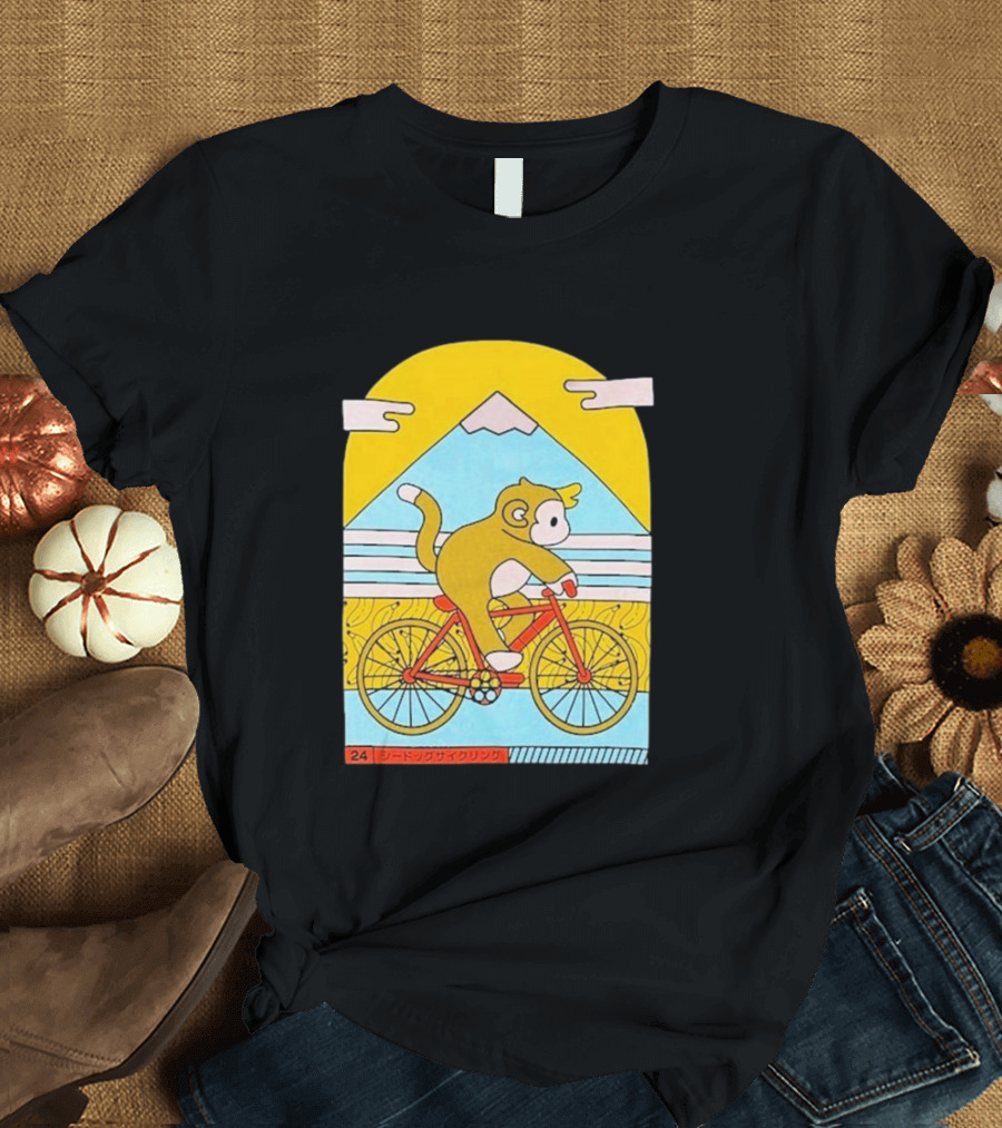 CDAWGVA Cycle Pullover Monkey Riding Bike with Mountain Background T-Shirt