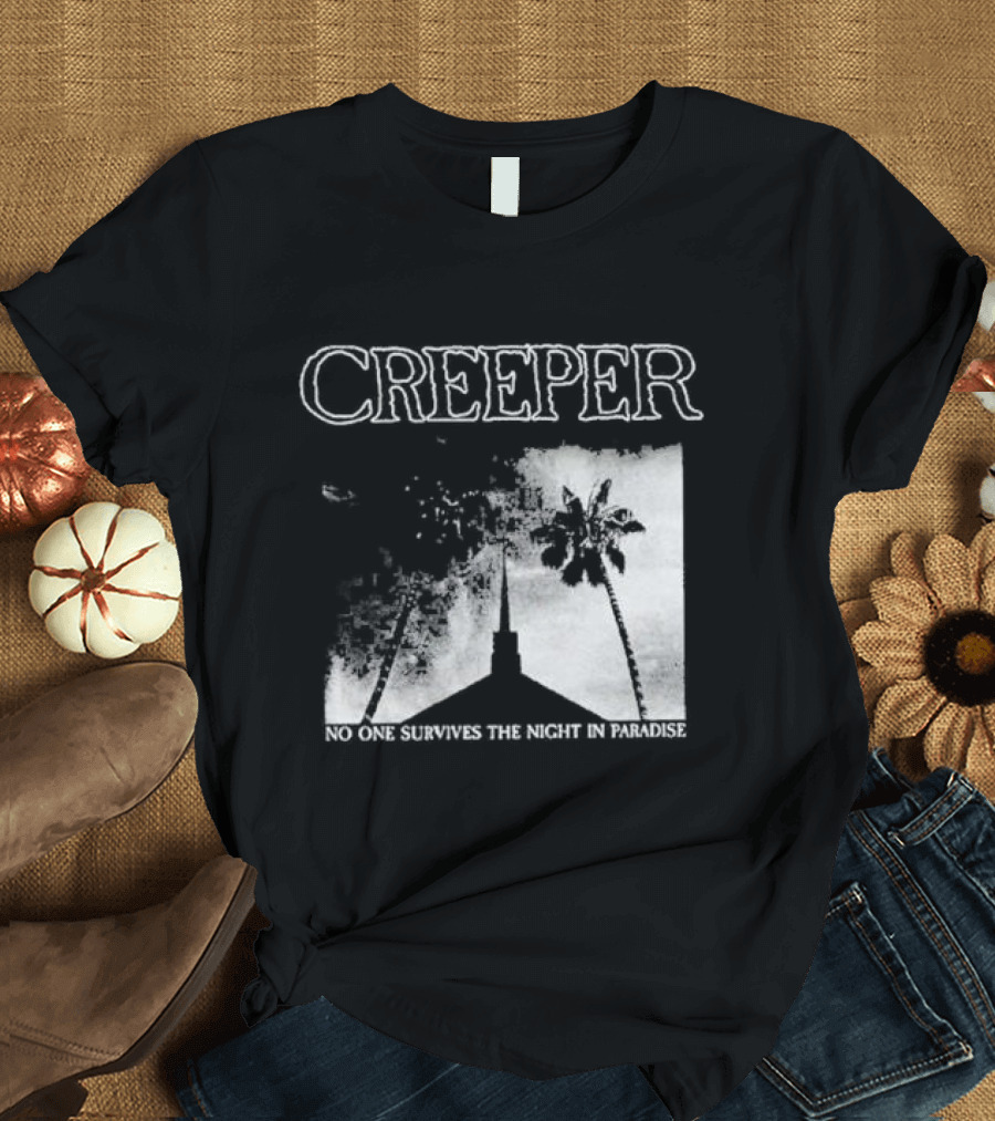 Creeper No One Survives the Night in Paradise Palm Trees and Church Spire Dark Aesthetic T-Shirt