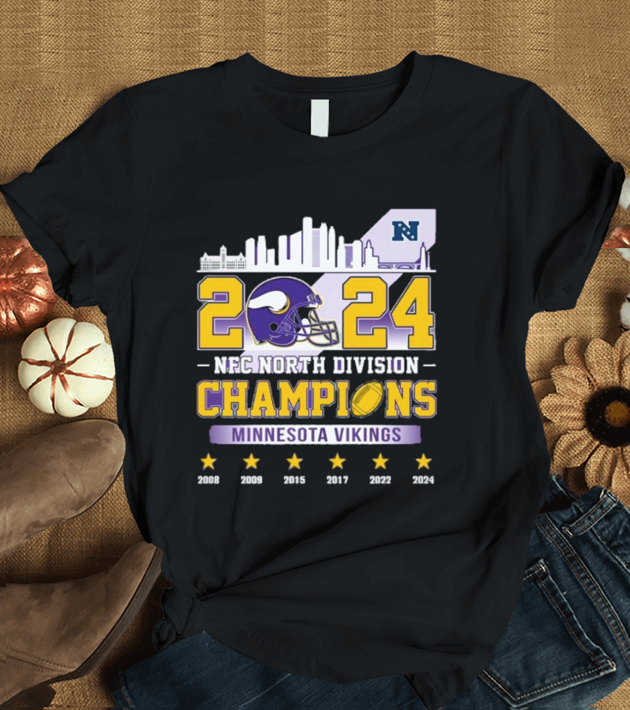 Minnesota Vikings 2024 NFC North Division Champions Skyline Football Helmet Logo Stars T-Shirt