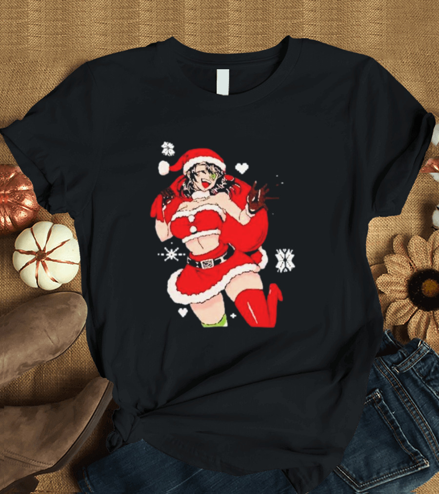 Supps Waifu Uwu Ugly Christmas Santa Anime Girl in Red Outfit with Snowflakes and Hearts T-Shirt