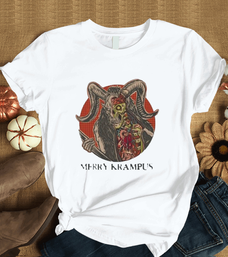 Merry Krampus Split Skull Horned Demon Halloween T-Shirt