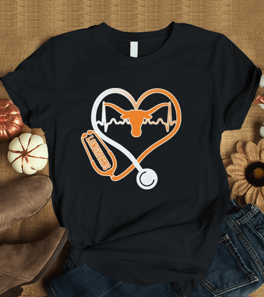 Texas Longhorns Caring Hearts Nurse Stethoscope Heartbeat T-Shirt