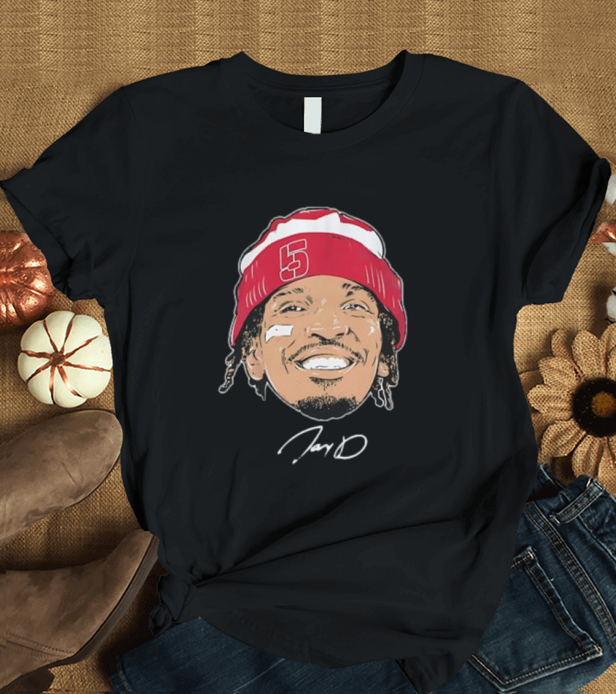 Washington Commanders Jayden Daniels Signature Face Bandage Number 5 Beanie T-Shirt