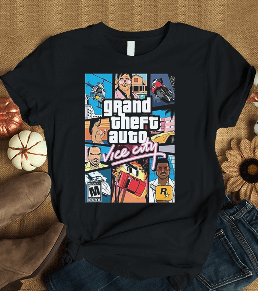 Grand Theft Auto Vice City Game Cover Art Helicopter Motorcycle Car Explosion R Star Logo T-Shirt