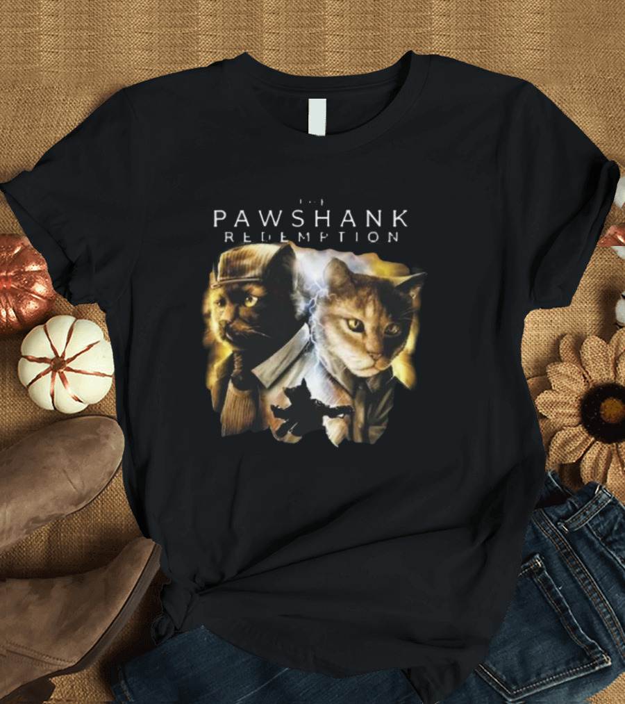 Pawshank Redemption Cat Movie Parody with Lightning and Cats in Prison Uniforms T-Shirt