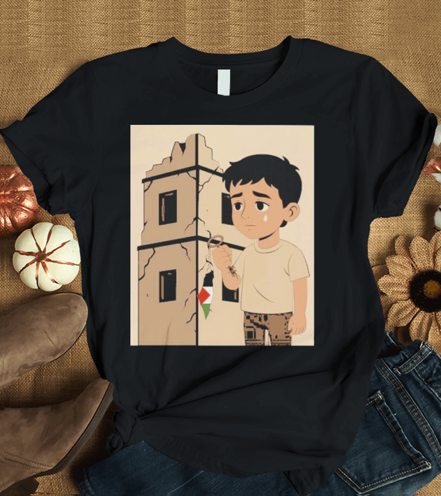 They Are Without Homes Boy Holding Key in Front of Crumbling Building Palestinian Flag T-Shirt