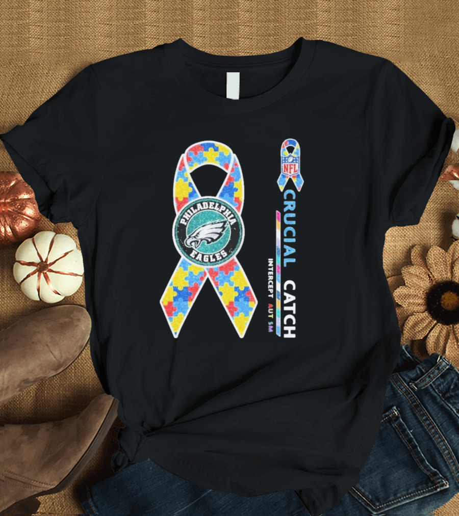 Philadelphia Eagles Autism Awareness Crucial Catch NFL Puzzle Ribbon T-Shirt