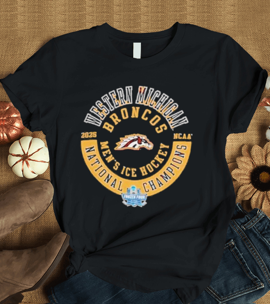 Western Michigan Broncos 2025 Men's Ice Hockey National Champions Frozen Four Circle T-Shirt