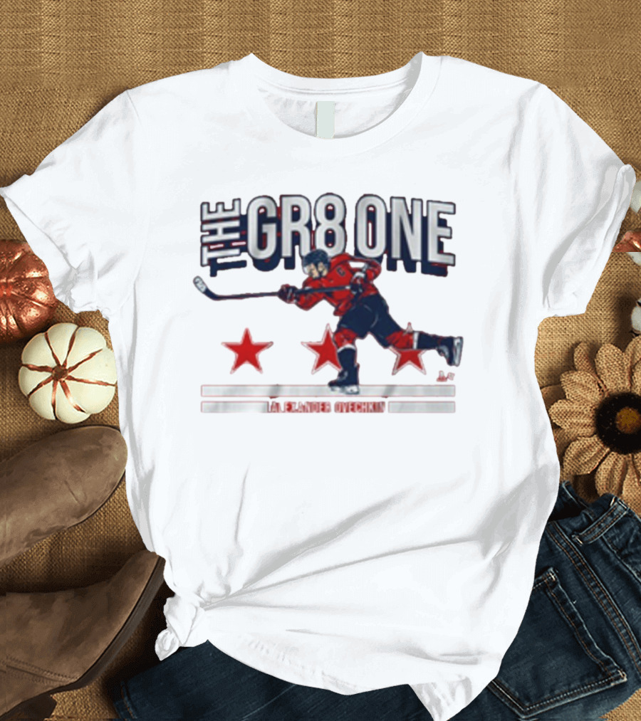 The GR8 One Alexander Ovechkin Hockey Player with Stars and Stick T-Shirt