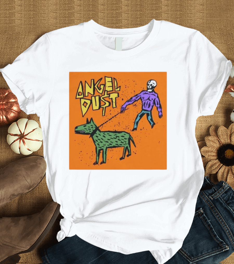 ANGEL DU$T Walking Skeleton with Green Dog Art T-Shirt