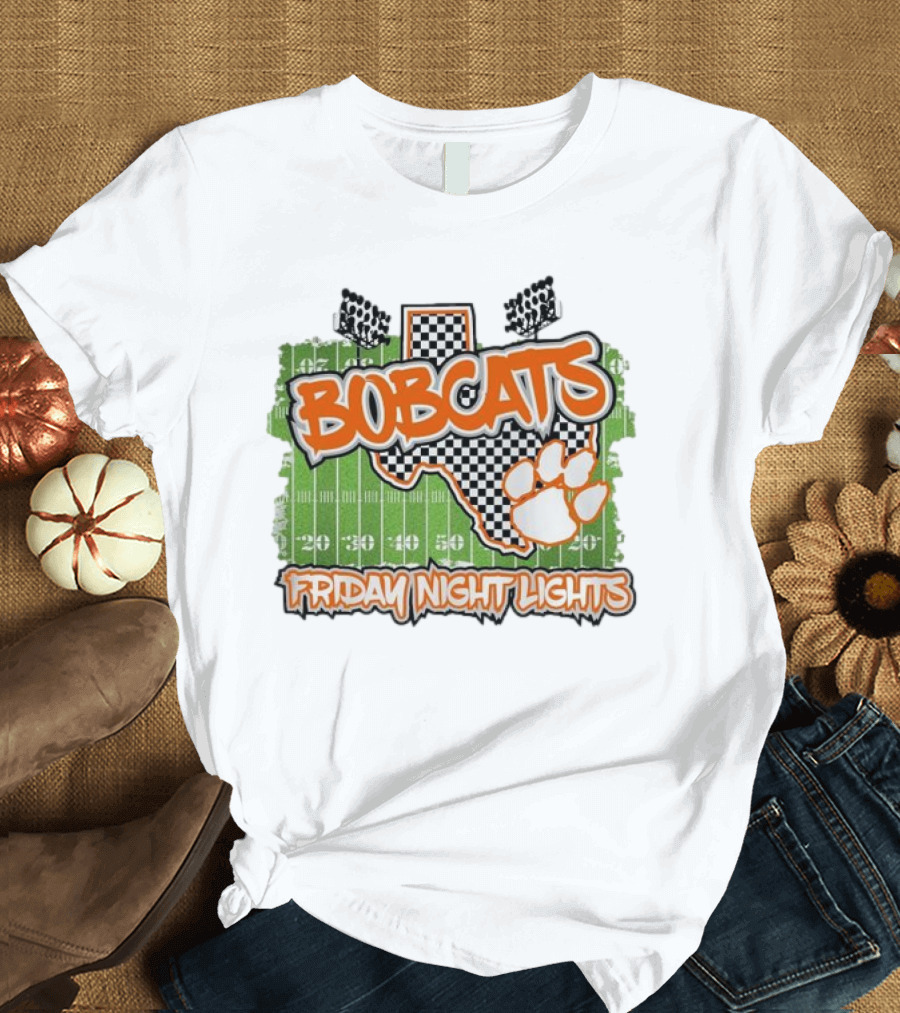 Bobcats Friday Night Lights Texas Football Paw Print Field Checkerboard T-Shirt
