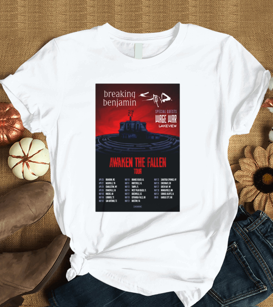 Breaking Benjamin Staind Awaken The Fallen Tour 2025 Special Guests Wage War Lakeview T-Shirt