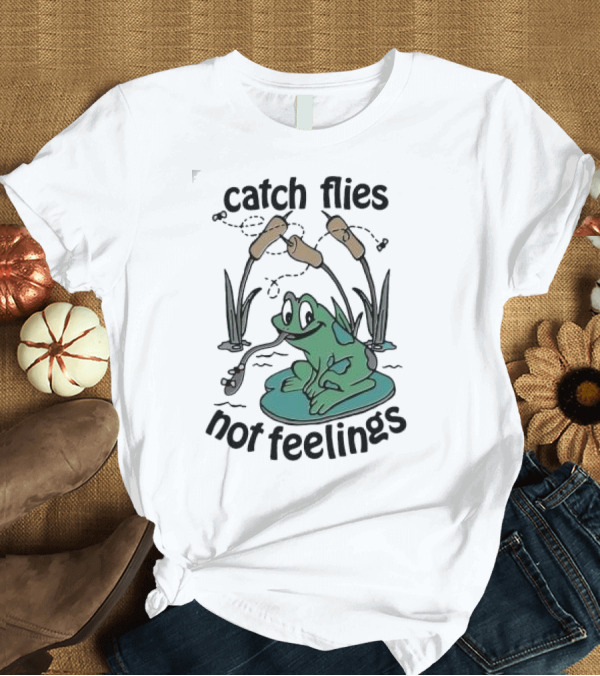 T-Shirt: Catch Flies Not Feelings Frog on Lily Pad with Swirling Flies T-Shirt Catch Flies Not Feelings Frog on Lily Pad with Swirling Flies T-Shirt