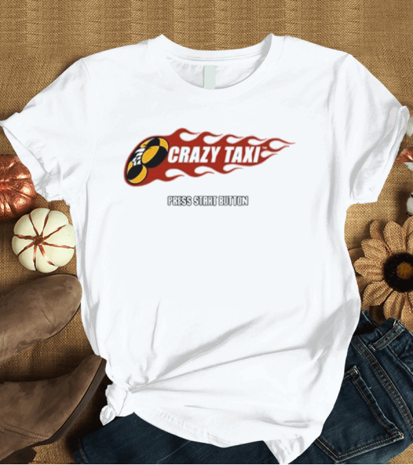 T-Shirt: Crazy Taxi Press Start Button Iconic Video Game Flames Graphic T-Shirt Crazy Taxi Press Start Button Iconic Video Game Flames Graphic T-Shirt