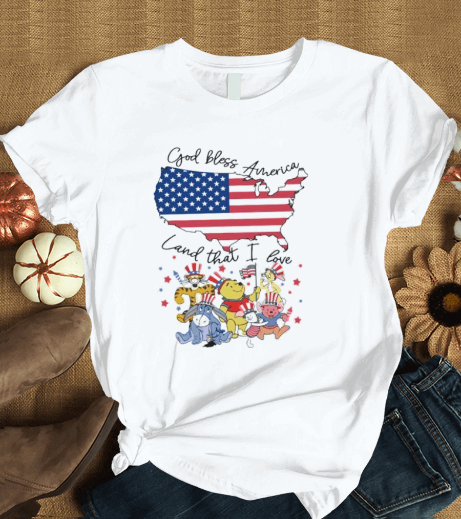 God Bless America Land That I Love Winnie the Pooh USA Flag T-Shirt