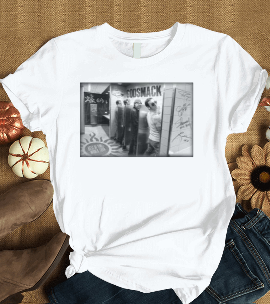 Godsmack Band Autographed Bathroom Photo with Guitar and Sun Symbol T-Shirt
