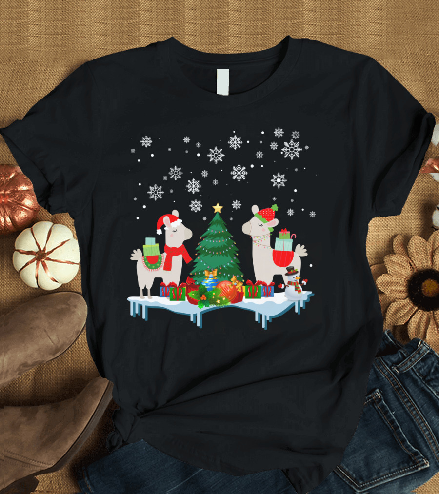 Llamas Merry Christmas Snowflakes Presents Tree T-Shirt