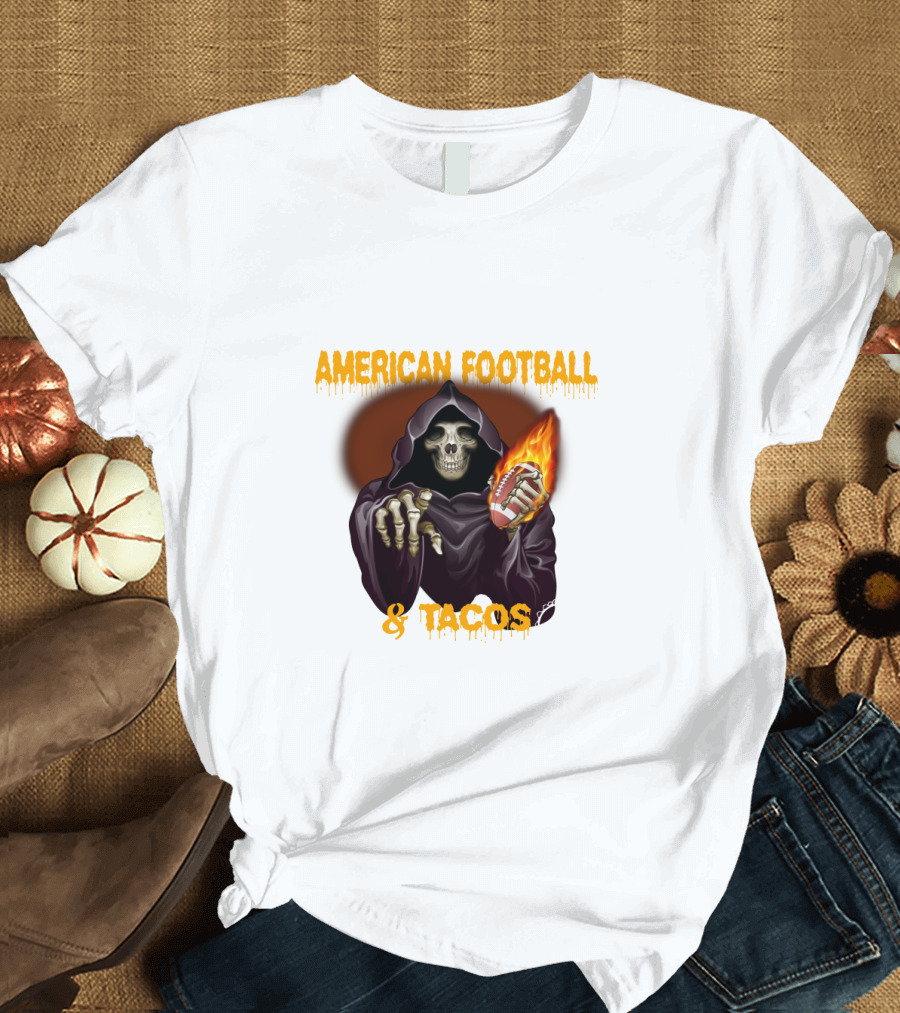 American Football and Tacos Skeleton Holding Flaming Football T-Shirt