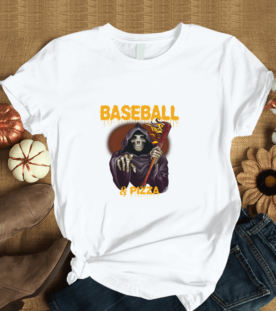 Grim Reaper with Flaming Baseball Bat Celebrates Baseball and Pizza T-Shirt