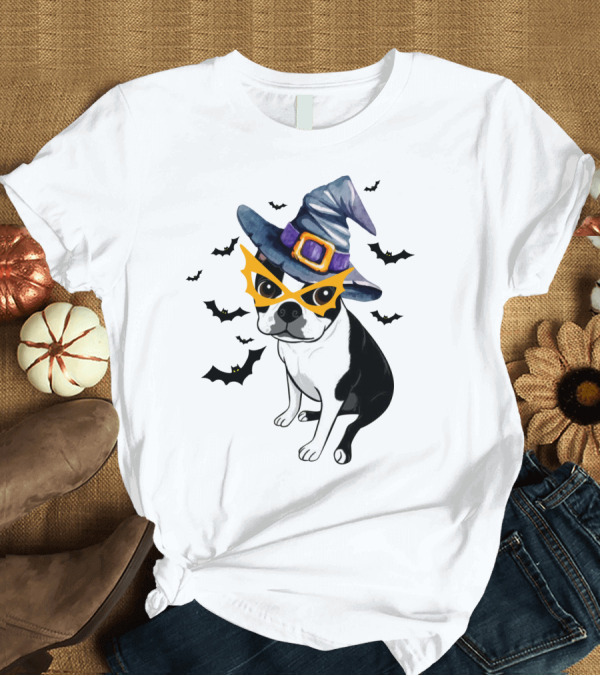 T-Shirt: Boston Terrier Wears Witch Hat and Mask with Bats T-Shirt Boston Terrier Wears Witch Hat and Mask with Bats T-Shirt