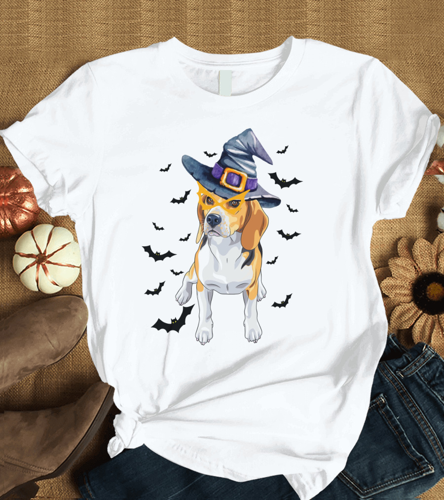 Beagle Wears Halloween Witch Hat Surrounded by Flying Bats T-Shirt