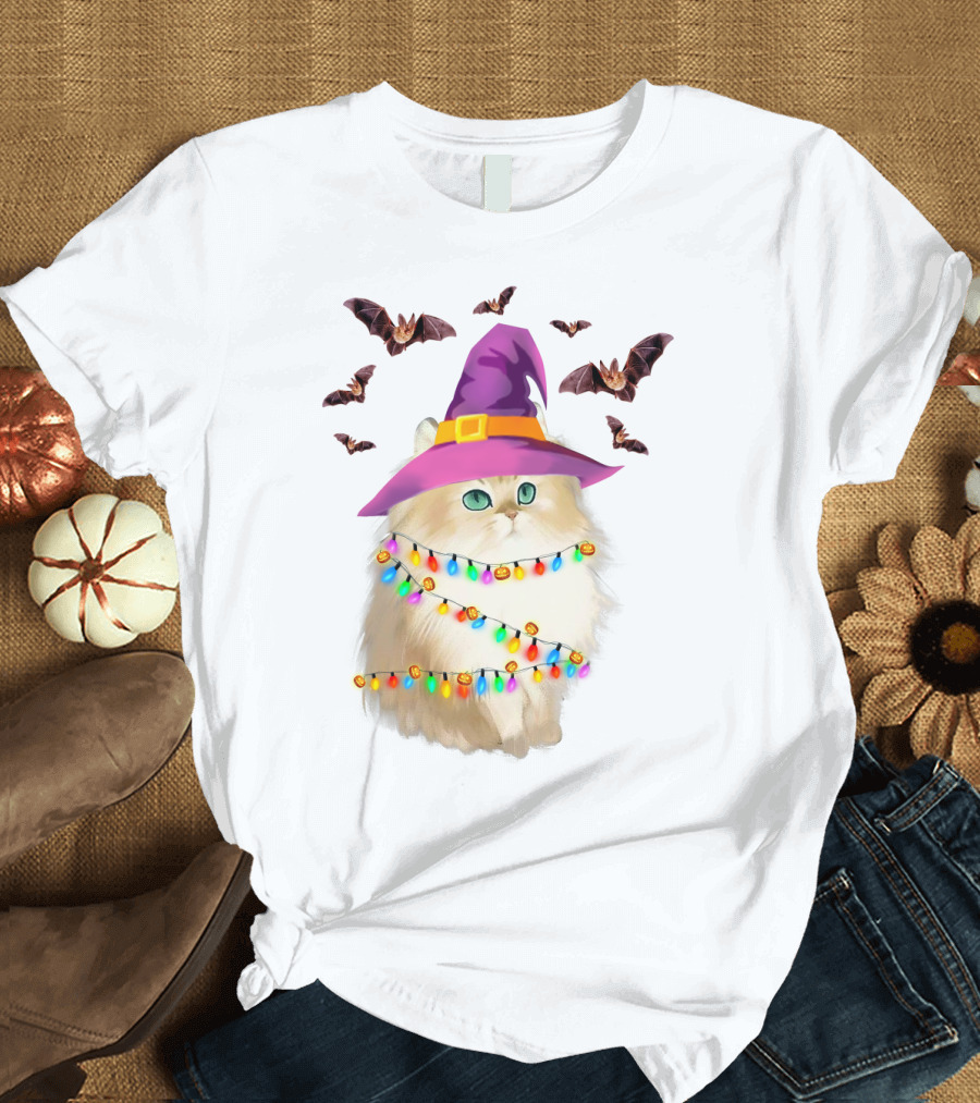 Fluffy Cat in Witch Hat with Halloween Bats and Colorful Christmas Lights T-Shirt