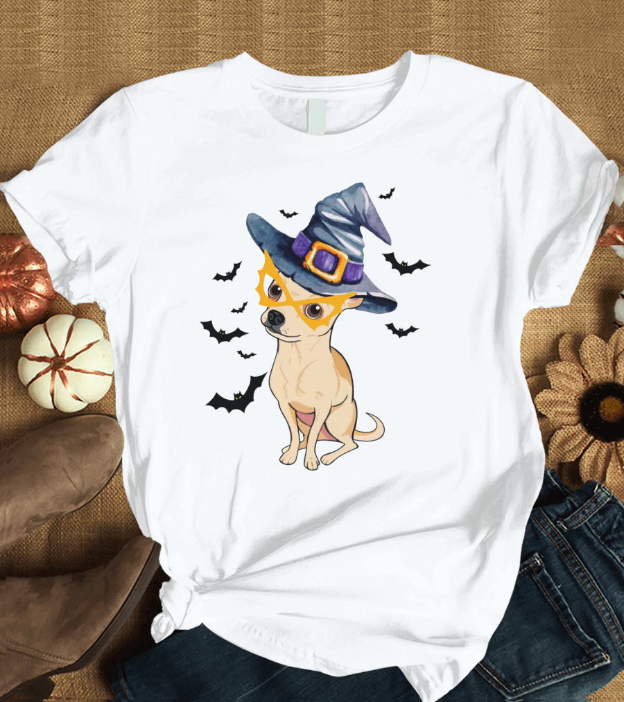Chihuahua in Witch Hat with Halloween Bats T-Shirt