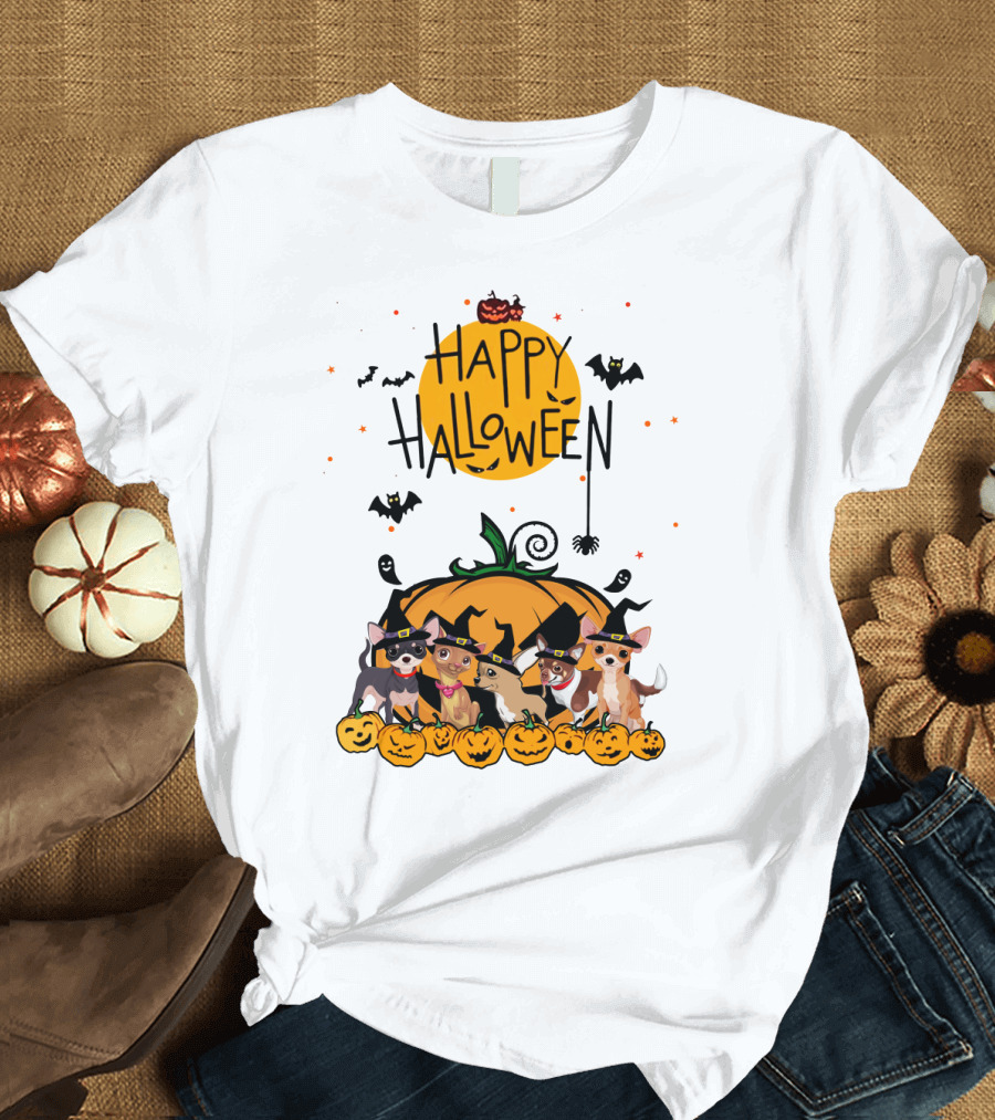 Happy Halloween Chihuahua Witch Pack with Pumpkins and Bats T-Shirt