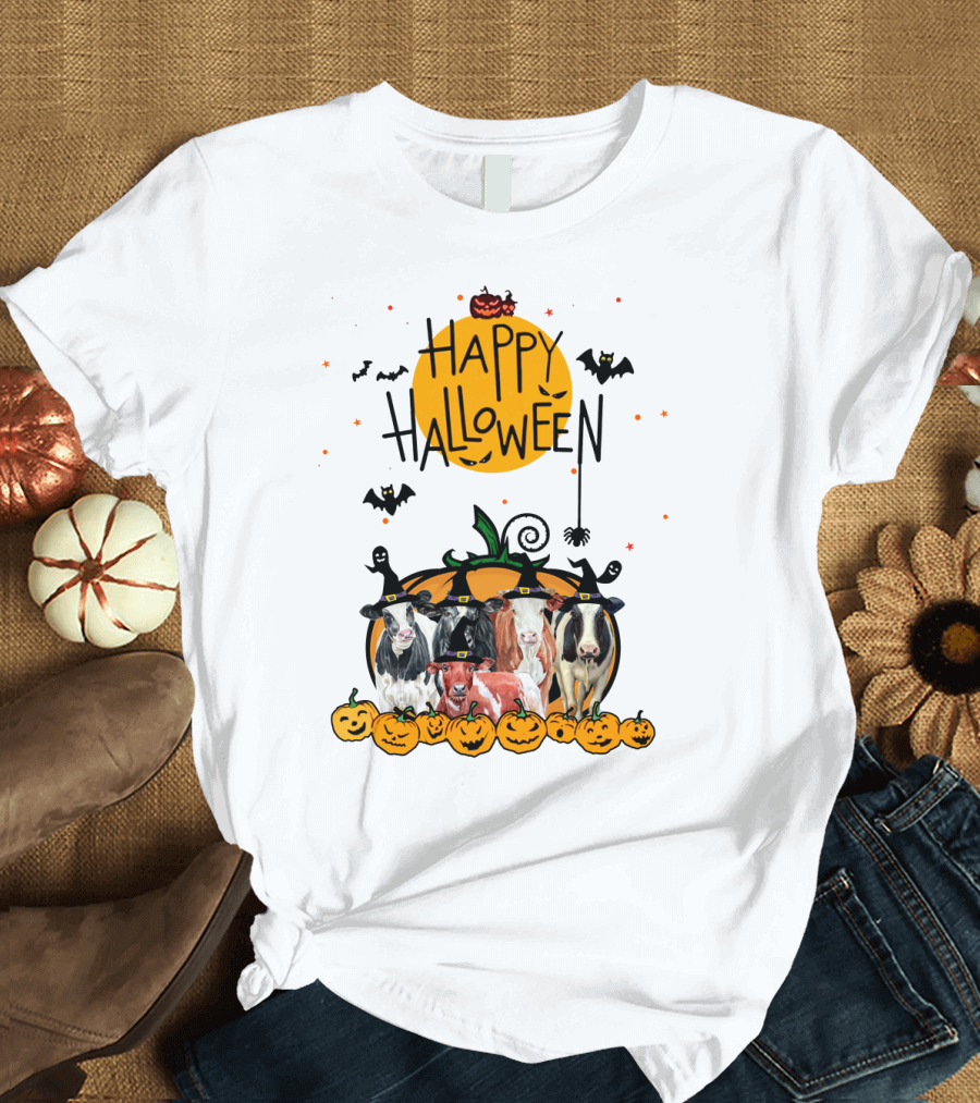 Happy Halloween Cows with Pumpkin Hats and Bats T-Shirt