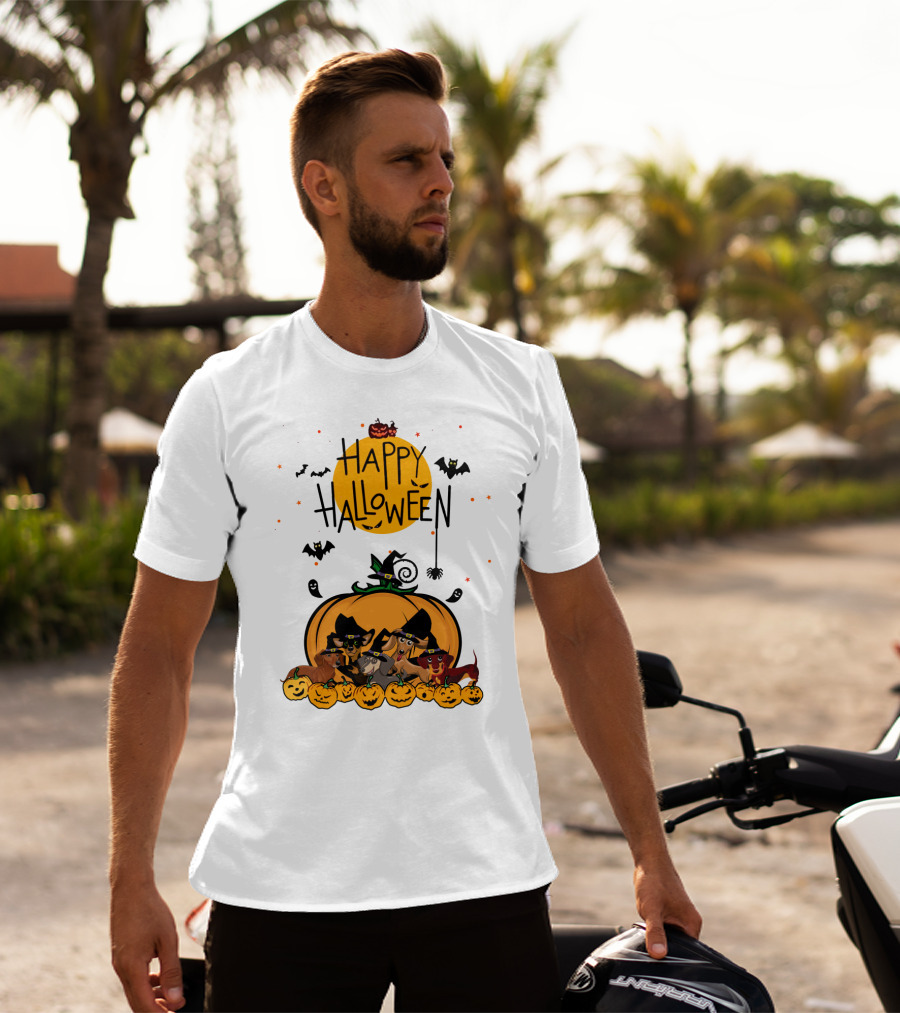 Happy Halloween Dachshunds With Witch Hats And Pumpkins T-Shirt