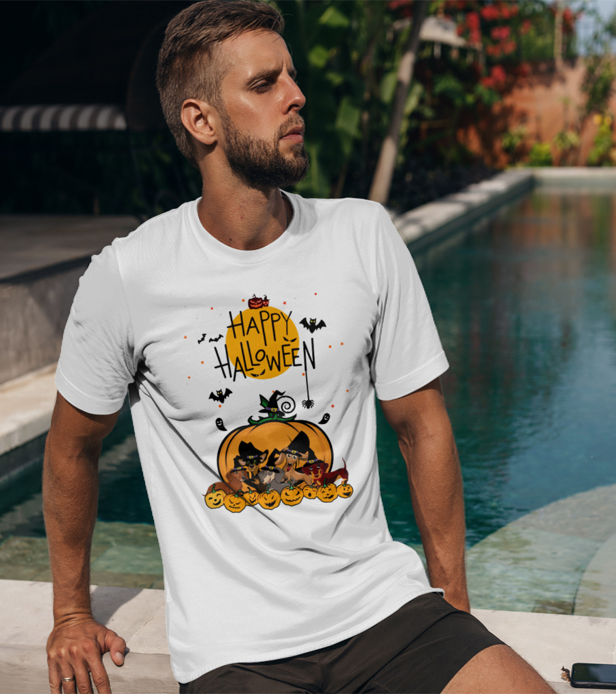 Happy Halloween Dachshunds With Witch Hats And Pumpkins T-Shirt