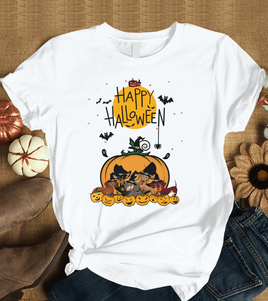 Happy Halloween Dachshunds with Witch Hats and Pumpkins T-Shirt