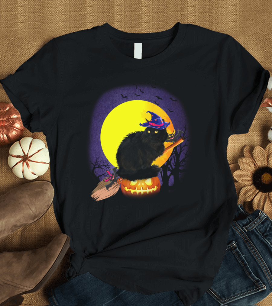 Halloween Cat with Witch Hat on Pumpkin and Broomstick T-Shirt