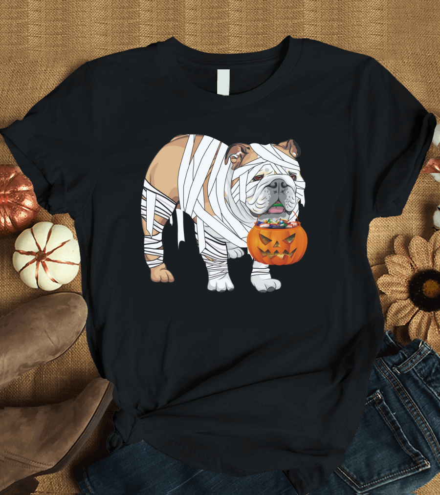Halloween Bulldog Wrapped as Mummy Holding Pumpkin Candy Bucket T-Shirt