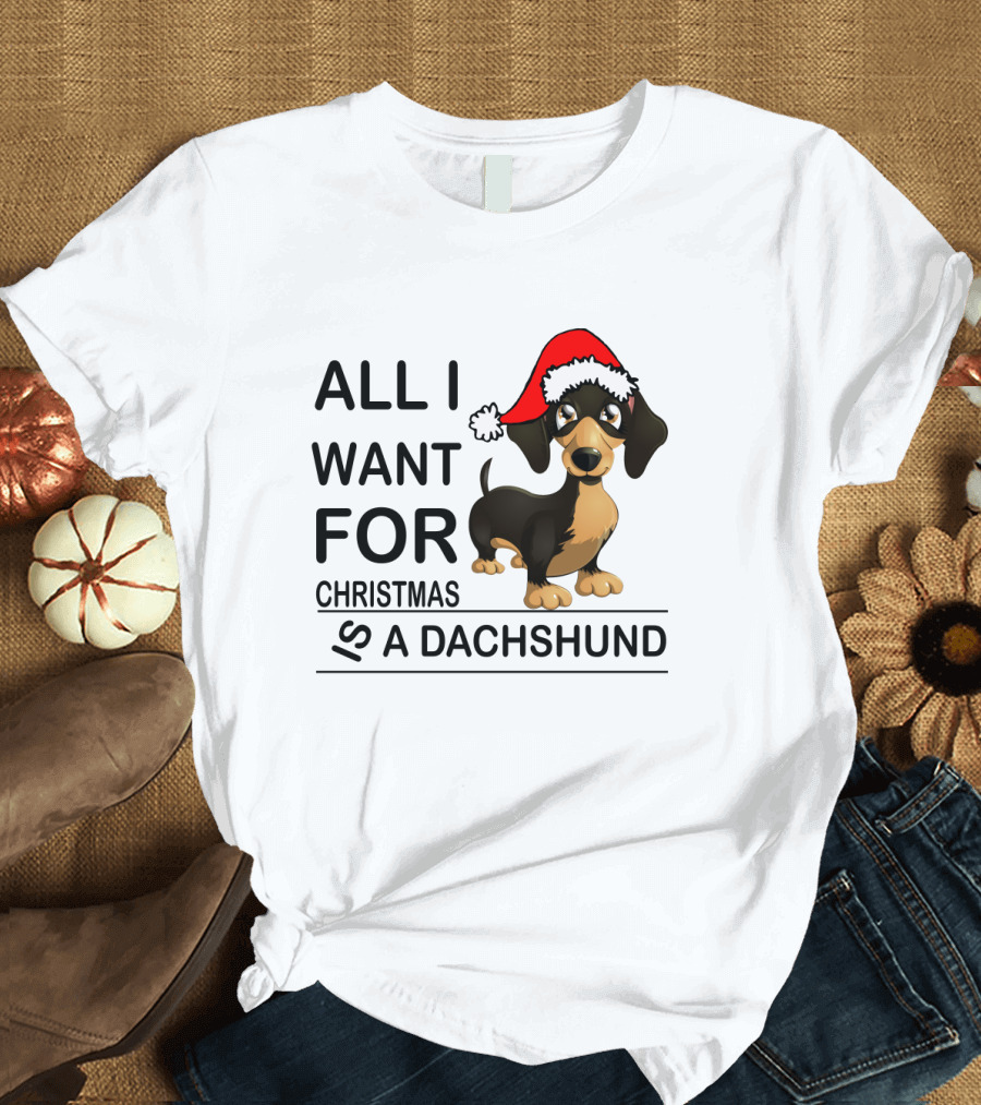 All I Want for Christmas Is a Dachshund Wearing Santa Hat T-Shirt