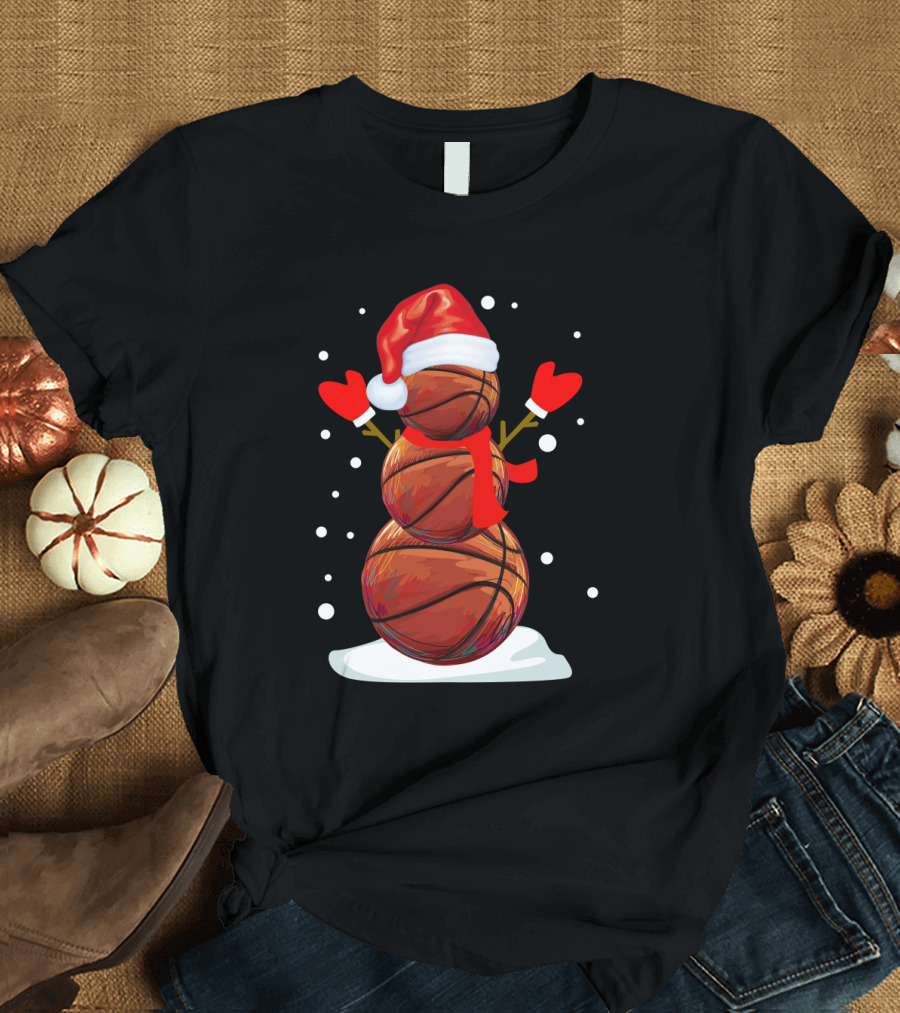 Basketball Snowman with Santa Hat and Red Mittens T-Shirt