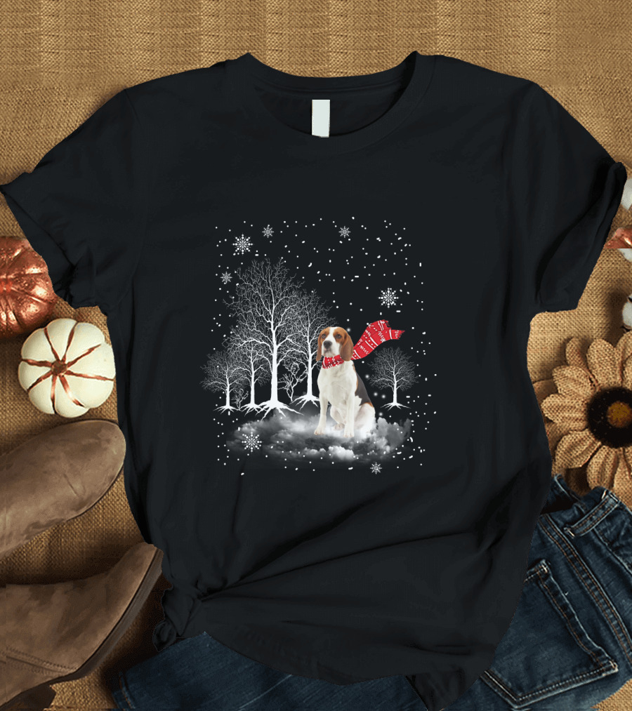 Basset Hound Winter Wonderland Snowy Trees Red Scarf T-Shirt