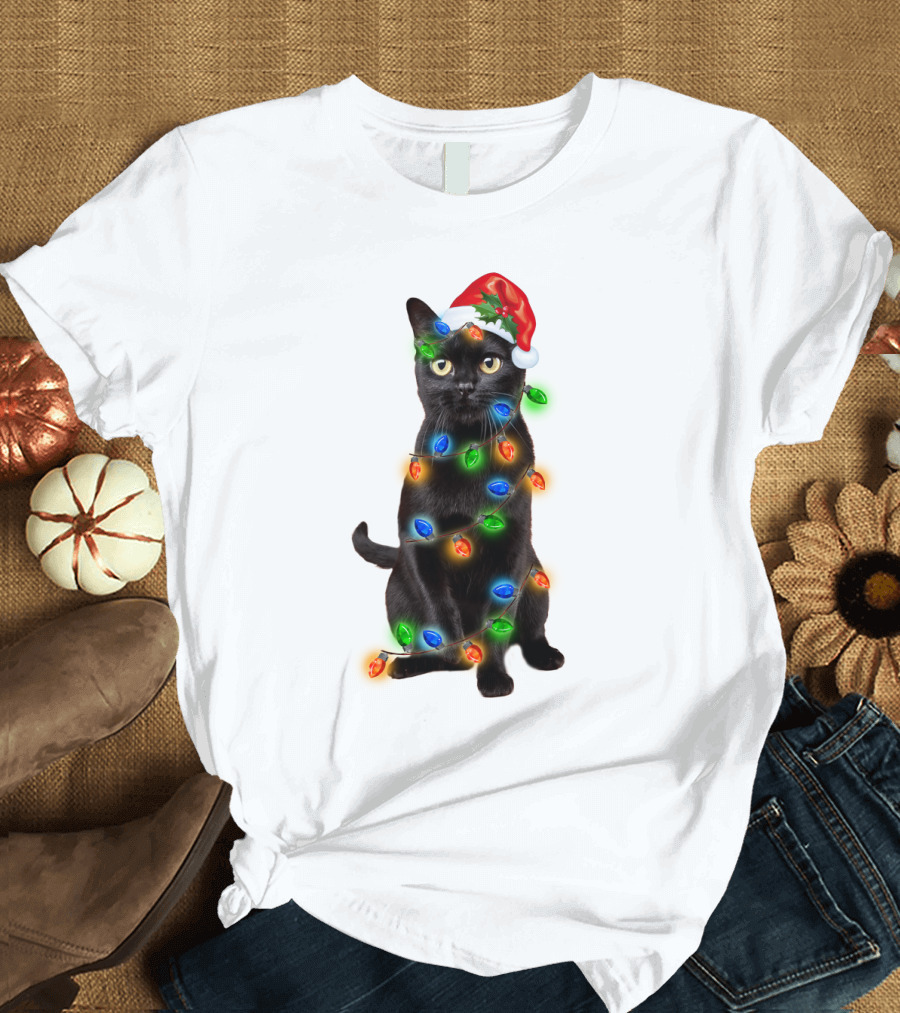Santa Hat Black Cat Wrapped in Colorful Christmas Lights T-Shirt