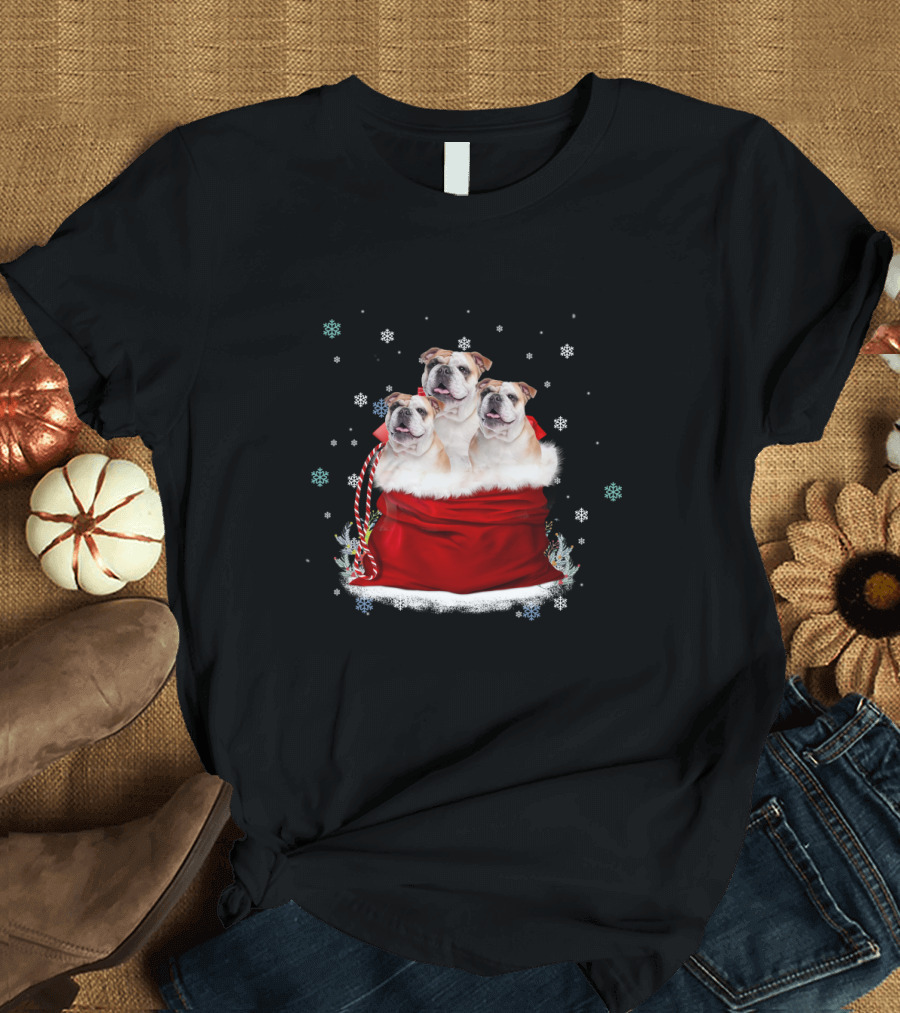 Bulldog Trio Christmas Sack Snowflakes Holiday T-Shirt