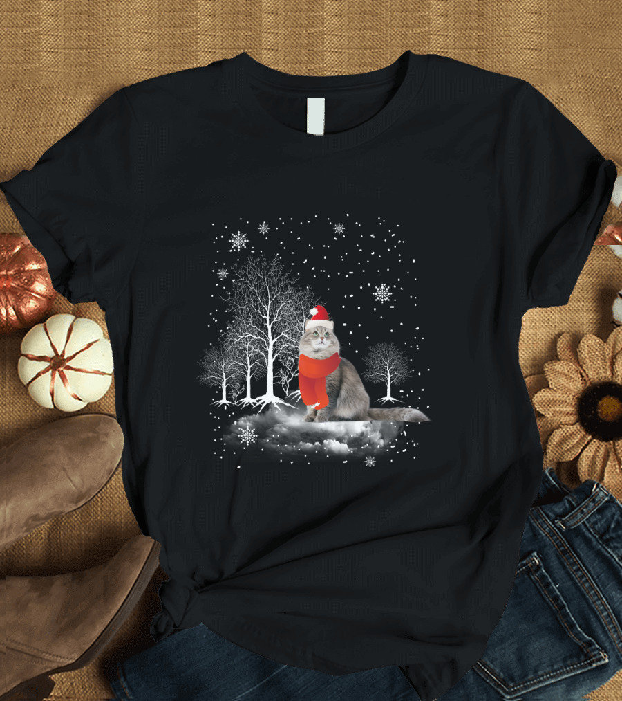 Cat in Snowy Winter Scene with Red Santa Hat and Scarf T-Shirt