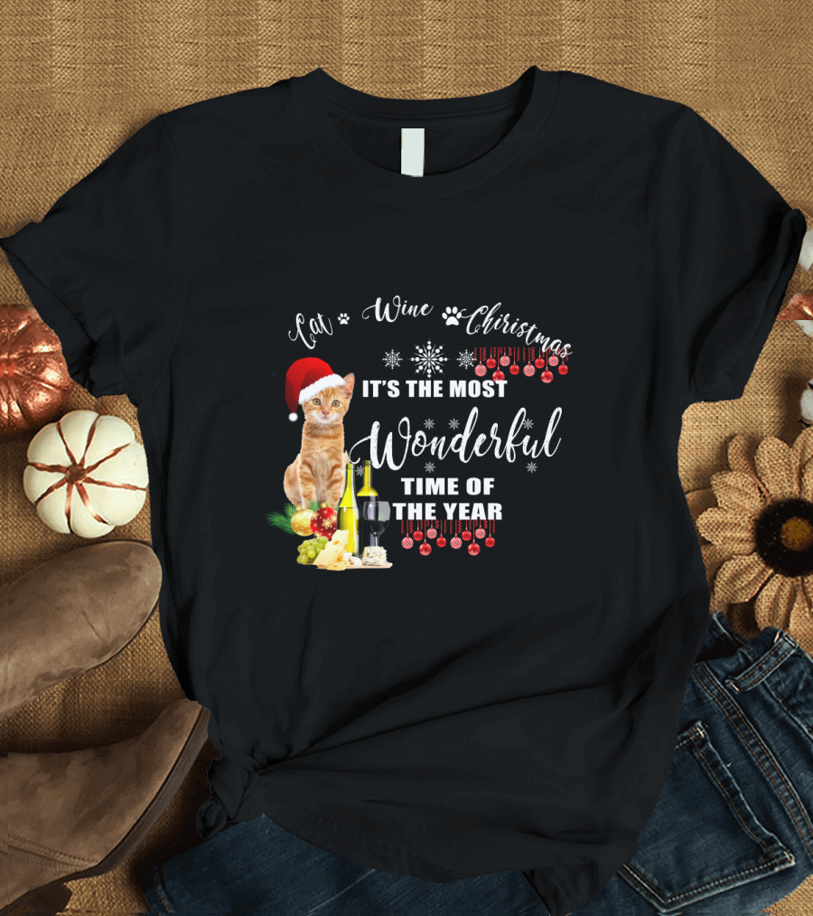 Cat Wine Christmas It's the Most Wonderful Time of the Year T-Shirt
