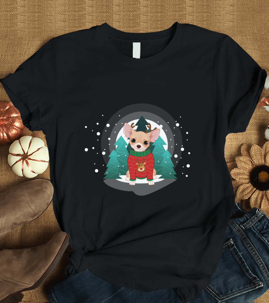 Chihuahua Terrier Wearing Christmas Sweater Snowflake Forest Scene T-Shirt