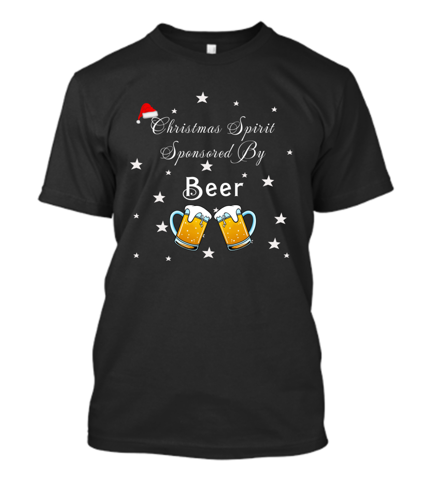 Christmas Spirit Sponsored By Beer With Santa Hat And Star Motif Featuring Beer Mugs T-Shirt