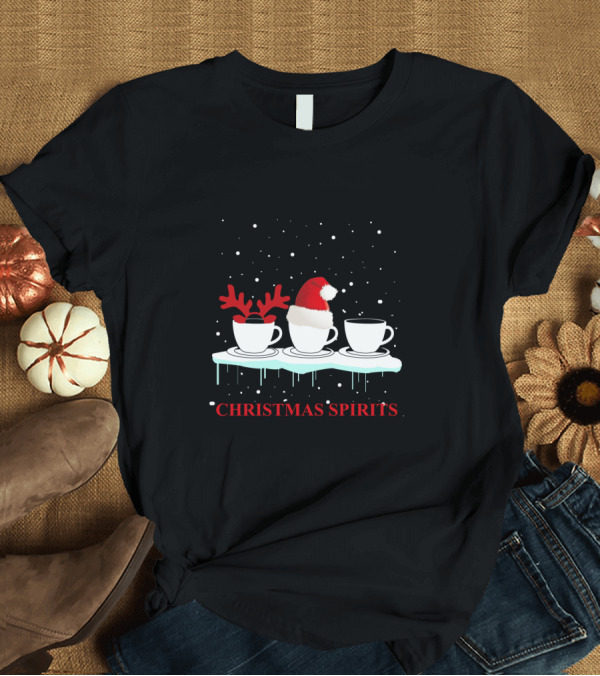 T-Shirt: Christmas Spirits Coffee Cups Reindeer Antlers Santa Hat Snowflakes T-Shirt Christmas Spirits Coffee Cups Reindeer Antlers Santa Hat Snowflakes T-Shirt