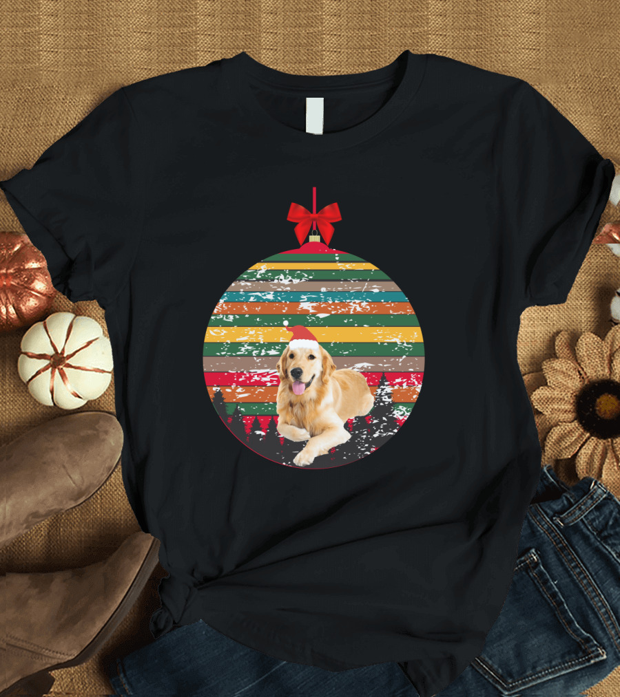 Christmas Vintage Golden Retriever Ornament with Santa Hat and Colorful Stripes T-Shirt