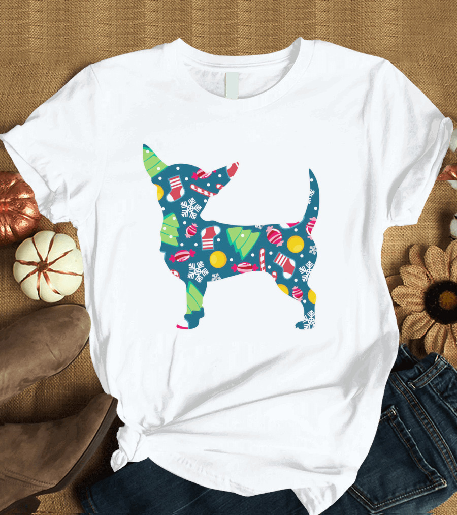 Chihuahua Christmas Candy Cane Snowflakes Holiday T-Shirt
