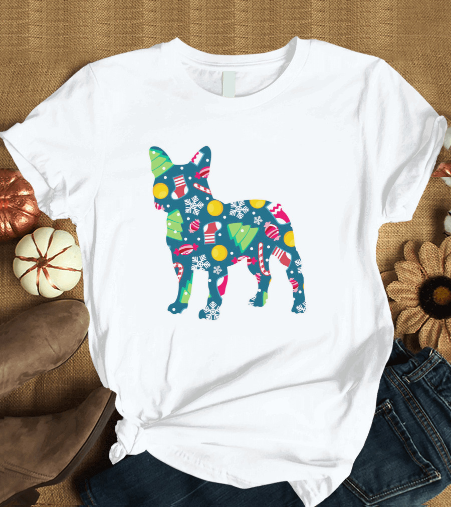 Dog Lover Christmas Frenchie Bulldog Pattern with Holiday Decorations T-Shirt