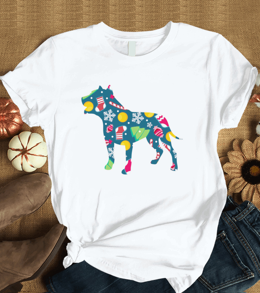 Dog Lover Christmas Pit Bull with Festive Floral and Holiday T-Shirt