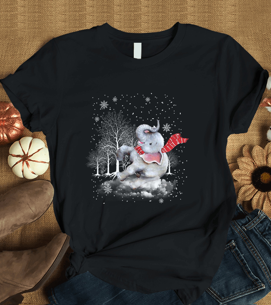 Elephant Christmas Snowflake Scarf Winter Forest Scene T-Shirt